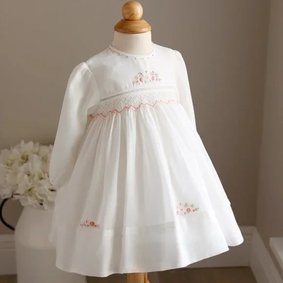 Long Sleeve Off-White/Ivory Smocked Dress Sarah Louise Special Occasion GORGEOUS